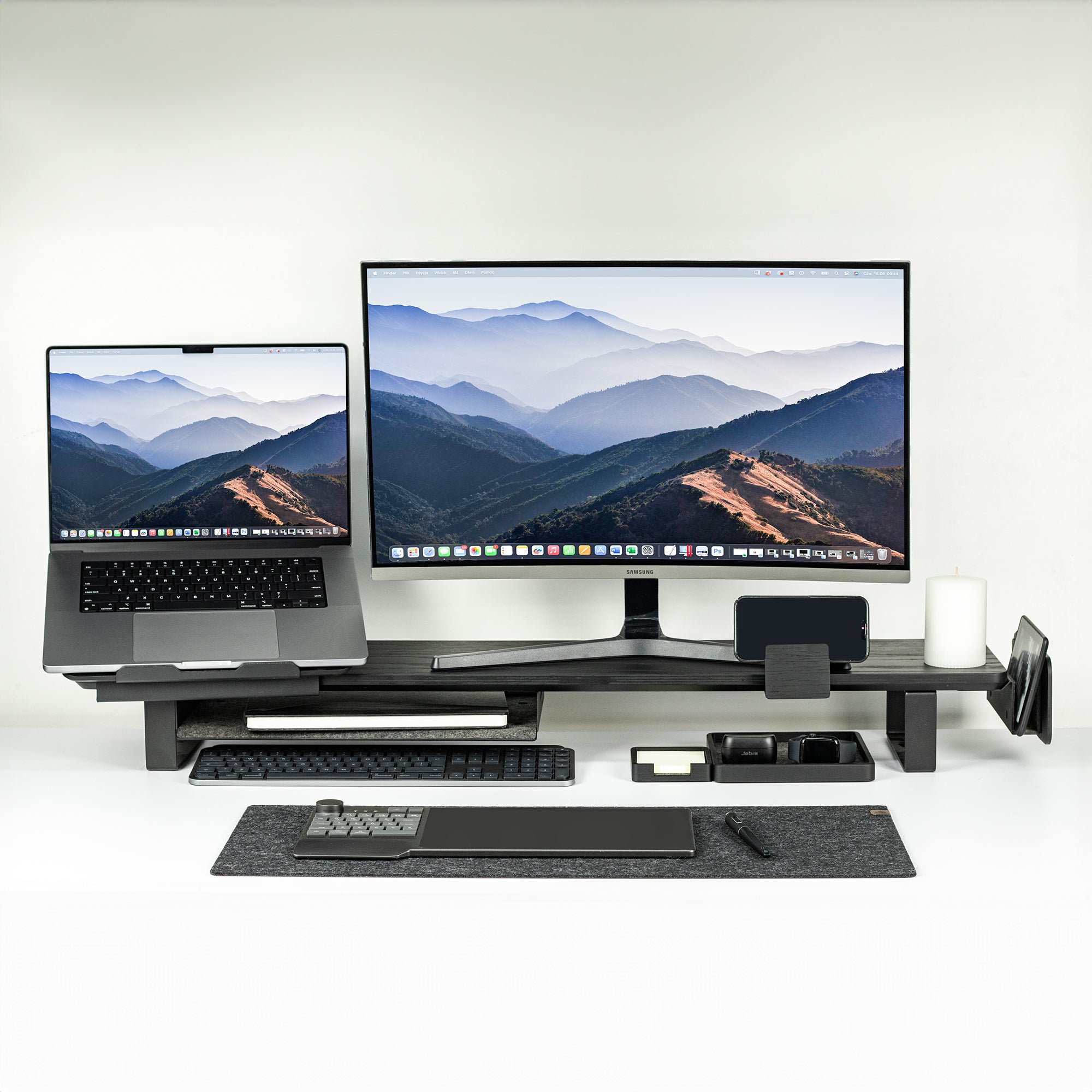 Stojak na dwa monitory — długi czarny dąb
