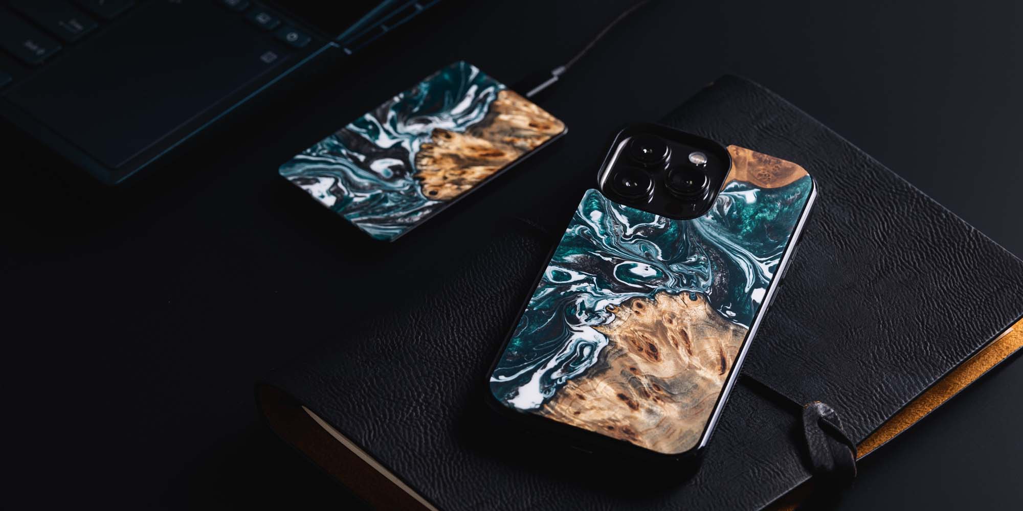 Gorgeous phone case and wireless charger made of resin and wood.