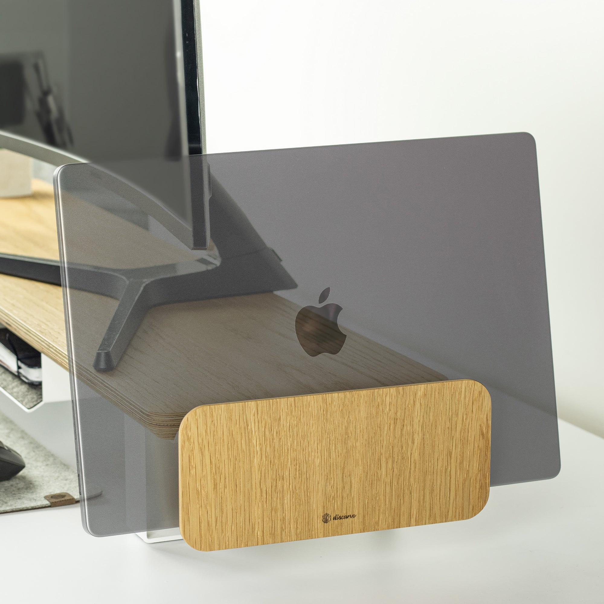 Laptop Holder for Desk Setup Oak - White Steel
